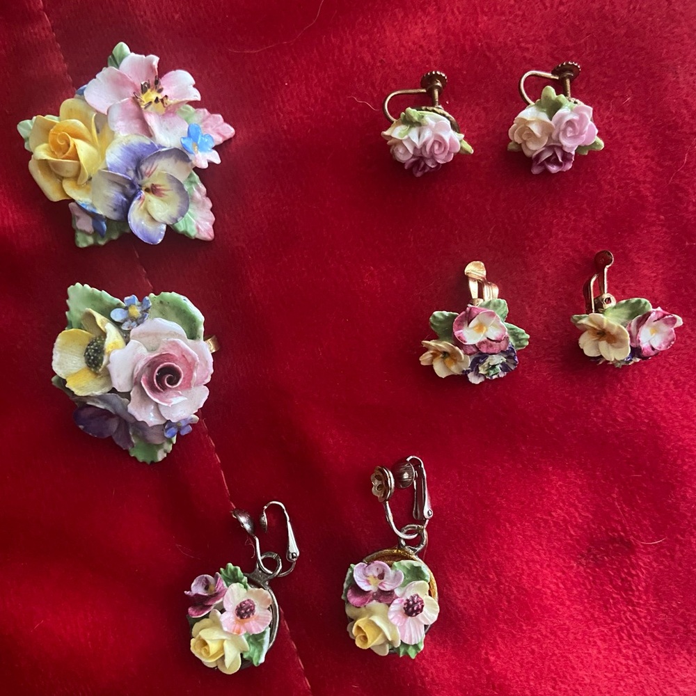 Porcelain Floral Clip-On Earrings and Brooch Sets made in England
